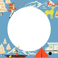 Camping trip blue frame in circle shape with tourist cartoon illustration