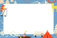 Camping trip blue frame vector in rectangle shape with tourist cartoon illustration