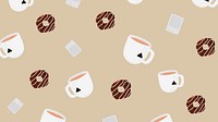 Tea cup patterned background with chocolate donut cute hand drawn style