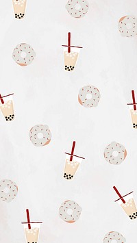 Boba tea patterned background with white sprinkle donut cute hand drawn style