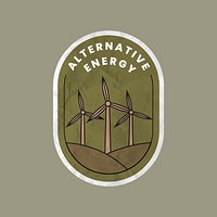 Crinkled paper alternative energy badge with wind turbine illustration