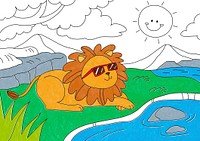 Cool lion sunbathing illustration, editable kids coloring page vector