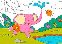Pink elephant illustration, editable kids coloring page vector