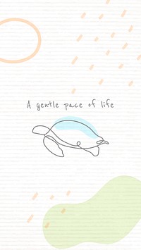 Memphis turtle iPhone wallpaper template vector, a gentle pace of life quote