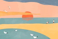 Sunset beach, aesthetic watercolor background vector