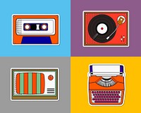 Colorful pop art retro 80s electronic devices illustration set