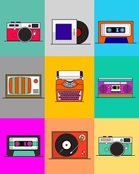 Color pop art psd retro 80s equipment sticker set