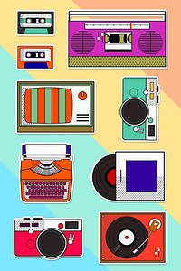 Colorful pop art retro 80s electronic devices illustration set