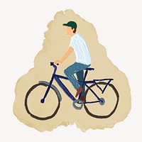 Man riding bicycle, ripped paper collage element