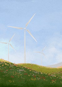 Wind farm landscape background, watercolor illustration