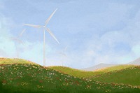 Wind farm landscape background, watercolor illustration