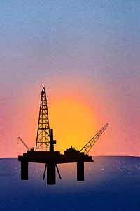 Oil rig sunset background, watercolor industrial illustration