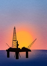 Oil rig sunset background, watercolor industrial illustration