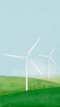 Wind farm phone wallpaper, watercolor landscape, high resolution background psd