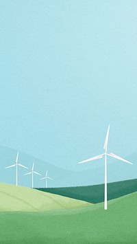 Wind farm phone wallpaper, watercolor landscape, high resolution background