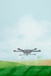 Smart farming background, watering drone, landscape illustration