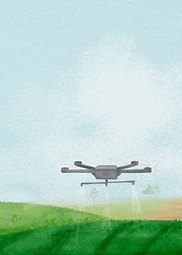 Smart farming background, watering drone, landscape illustration