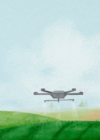 Smart farming background, watering drone, landscape illustration psd