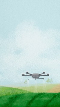 Smart farming mobile wallpaper, watering drone, landscape background