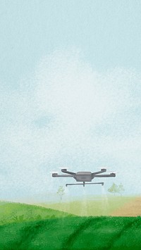 Smart farming mobile wallpaper, watering drone, landscape background psd