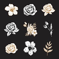 Gold and white flower sticker vector set