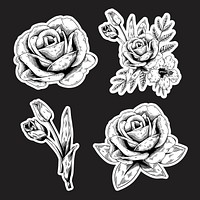 Black and white flower sticker with a white border vector set