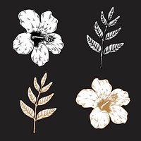 Black and gold hibiscus and leaf sticker vector set