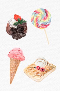 Colorful desserts psd watercolor drawing set