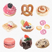 Pastry desserts vector watercolor drawing set