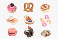 Pastry desserts psd watercolor drawing set