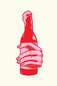 Hand holding a beer bottle sticker vector