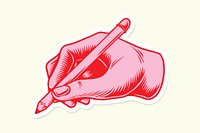 Pink hand holding a pencil sticker vector