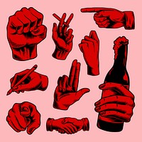 Cool red hand gesture sticker set vector