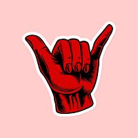 Hand drawn red shaka sign sticker vector