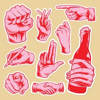 Cool neon pink hand gesture sticker with a white border set vector