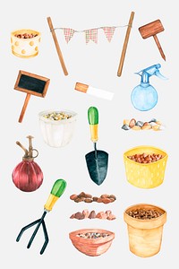Gardening tools in watercolor illustrated sticker set