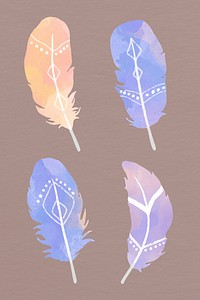 Watercolor vintage hippie feather psd set