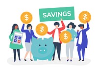 Diverse group of people and savings concept illustration