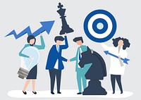 Business people holding goal and strategy icons illustration