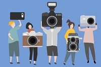 A group of people displaying various kinds of cameras illustration