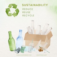 Sustainability with reduce, reuse and recycle in watercolor 
