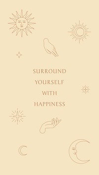 Happiness encouraging words vector with celestial icons template
