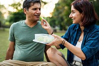Woman feeding her husband on a picnic