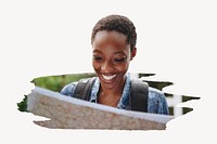 African American woman looking at a map collage element psd