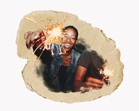 Woman holding sparkler, ripped paper collage element