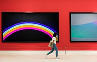 Art exhibition, rainbow picture frame, woman walking