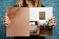 Open magazine mockup, realistic home, interior design book psd