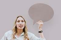 Woman showing a blank speech bubble