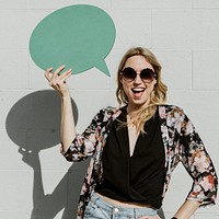 Woman showing a blank speech bubble