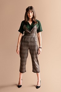 Model in a plaid jumpsuit